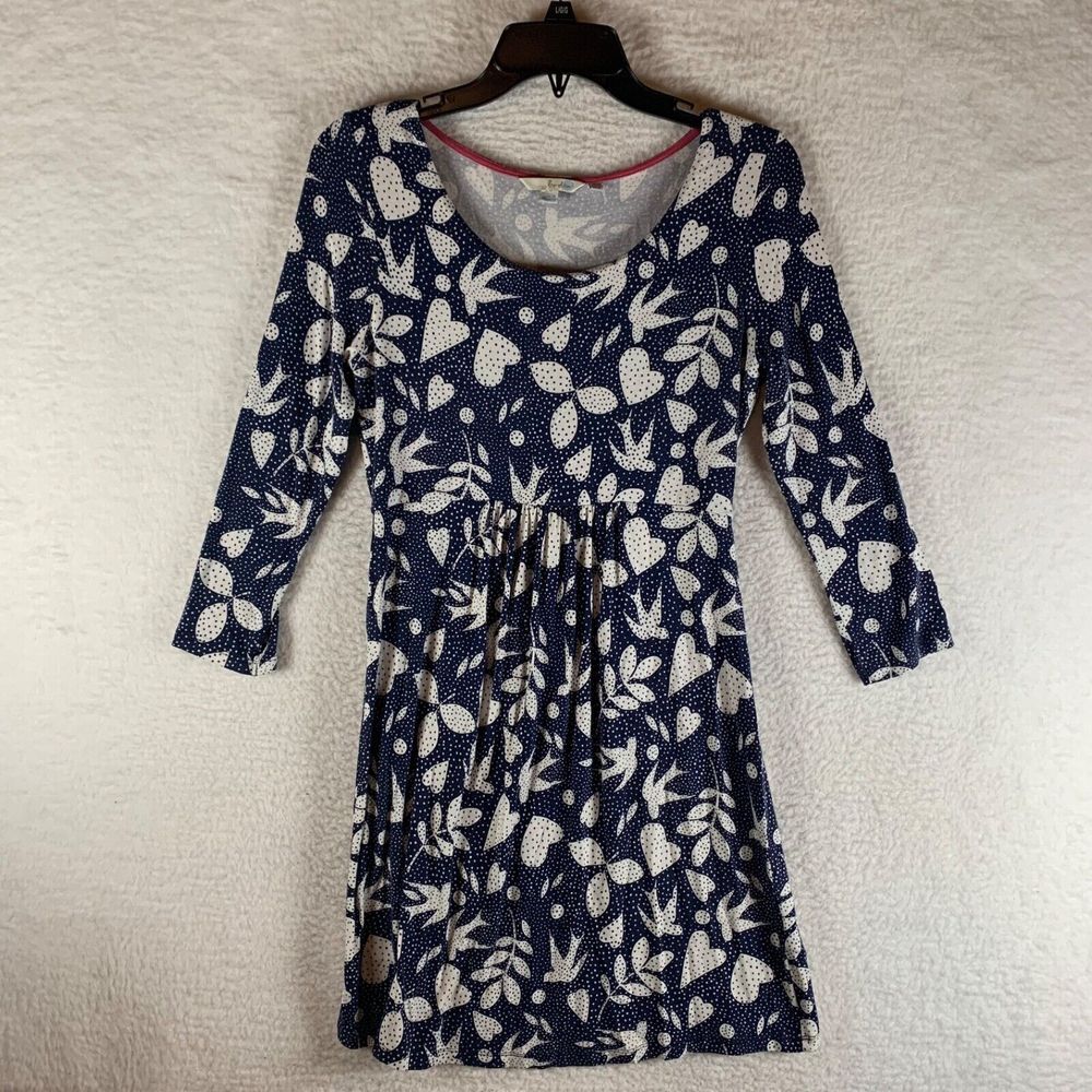 Boden Women's 3/4 Sleeve‎ Blue Sparrow Heart Print Jersey Tunic Dress Size 8R